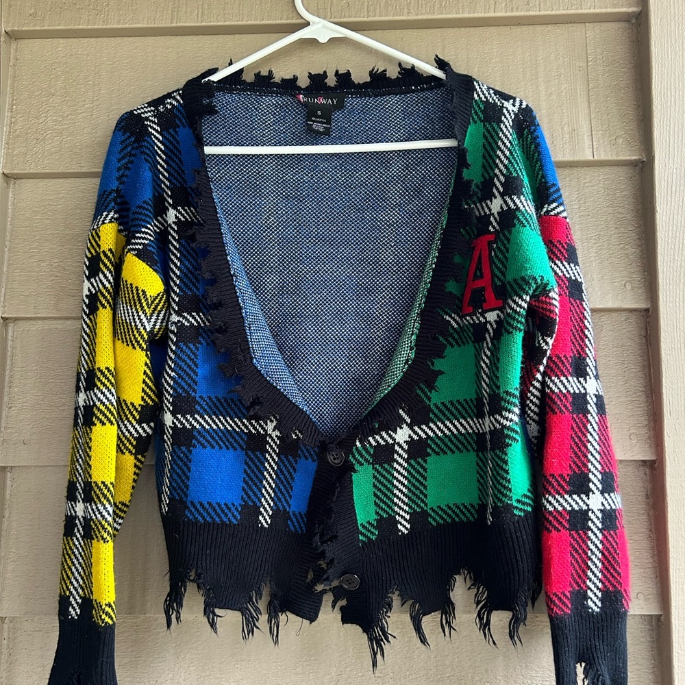 Runway Colorful Plaid Cardigan with Frayed Distressed trim.